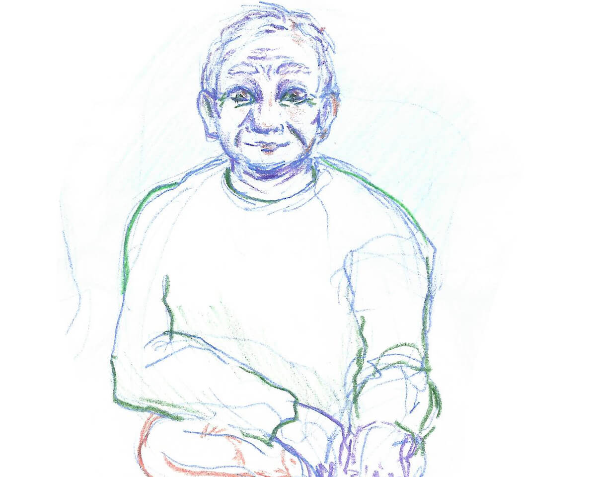 a colored pencil line drawing of an old man smiling