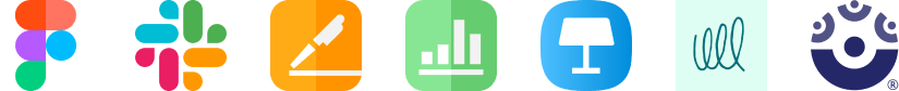 A series of icons laid out horizontally - the icons from left to right are: Figma, Slack, Pages, Apple Numbers, Keynote, Lyssna, ScreenPal